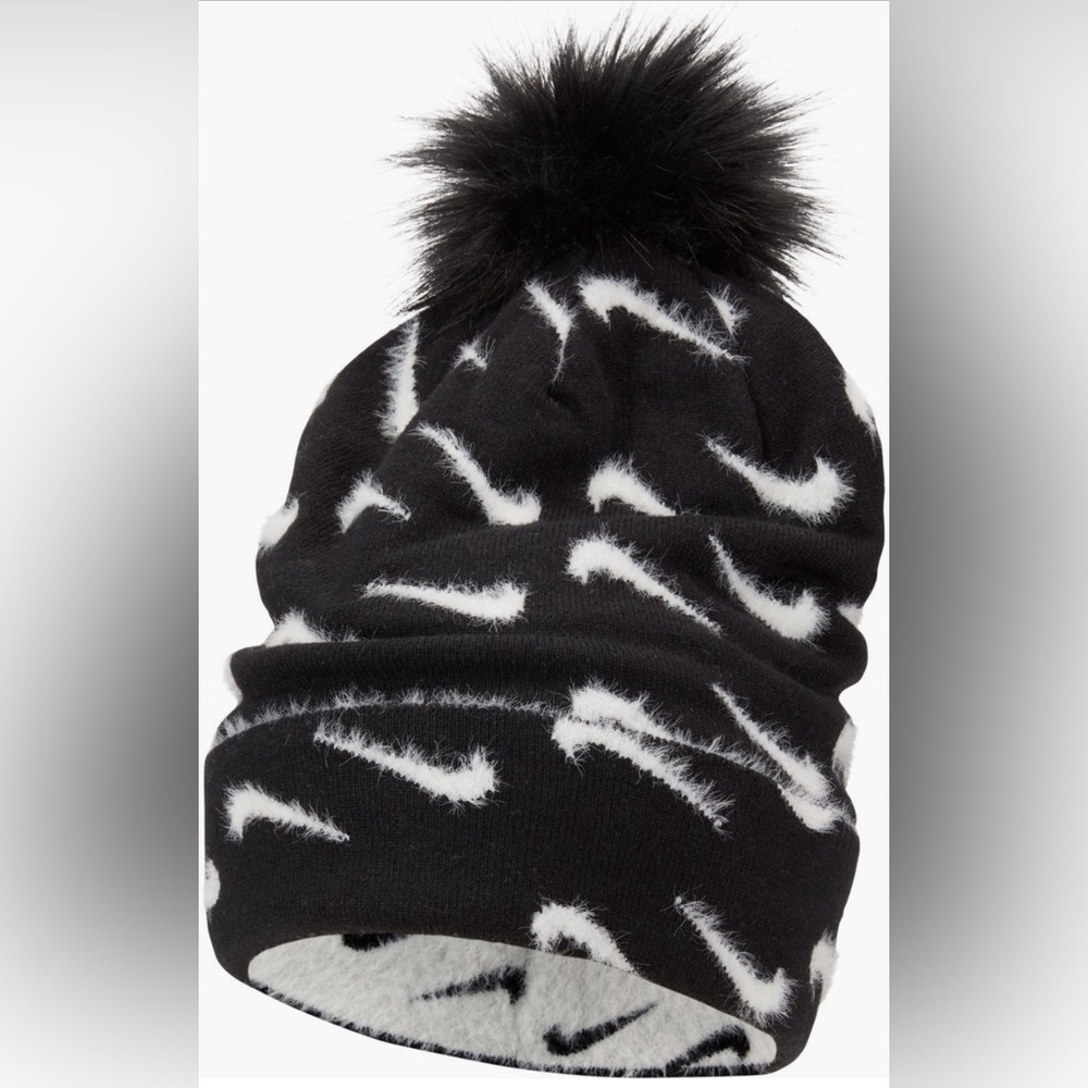 Nike Boys Faux Fir Pom Pom Beanie in Black and White